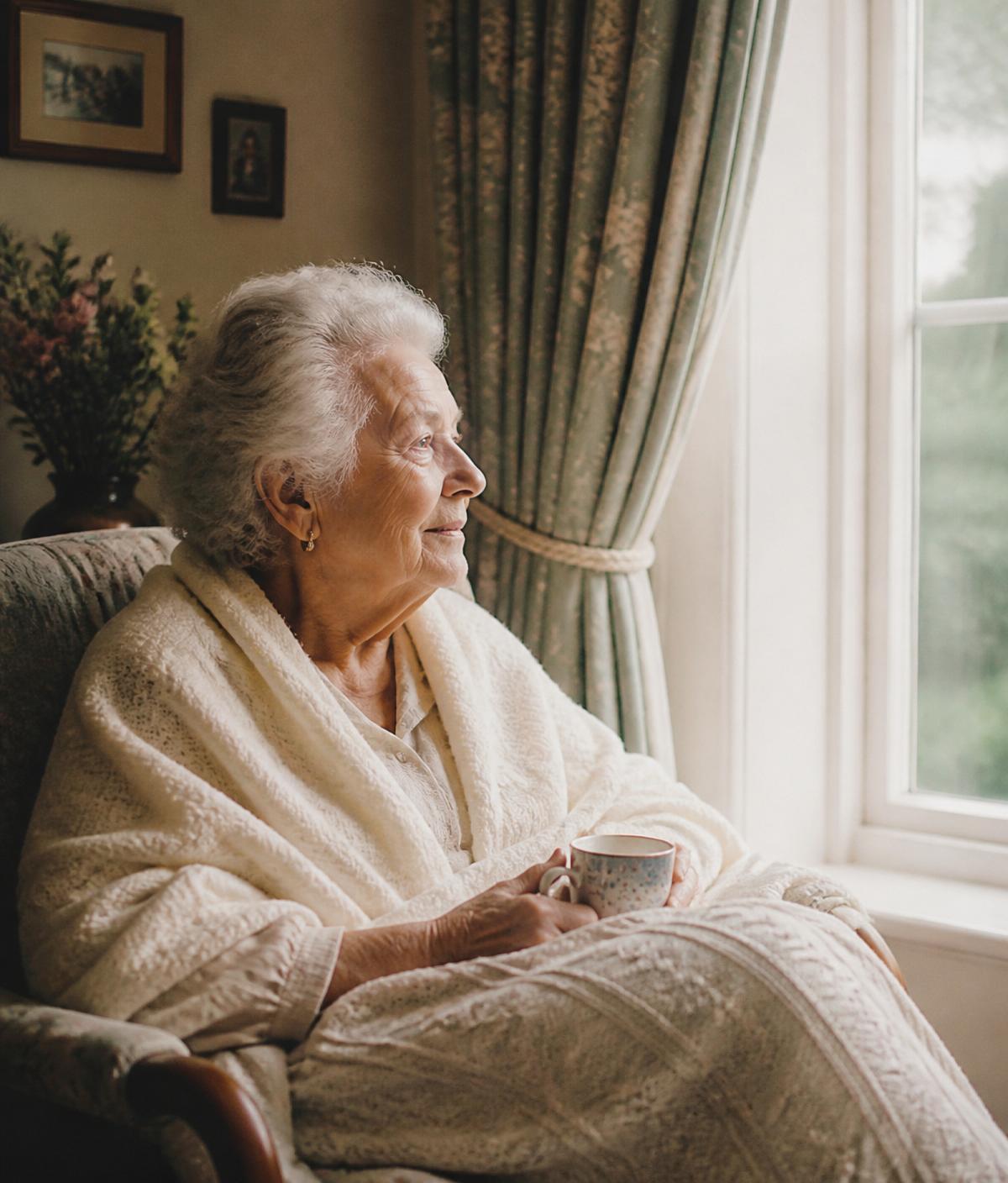 An older woman looking peacefully out her window